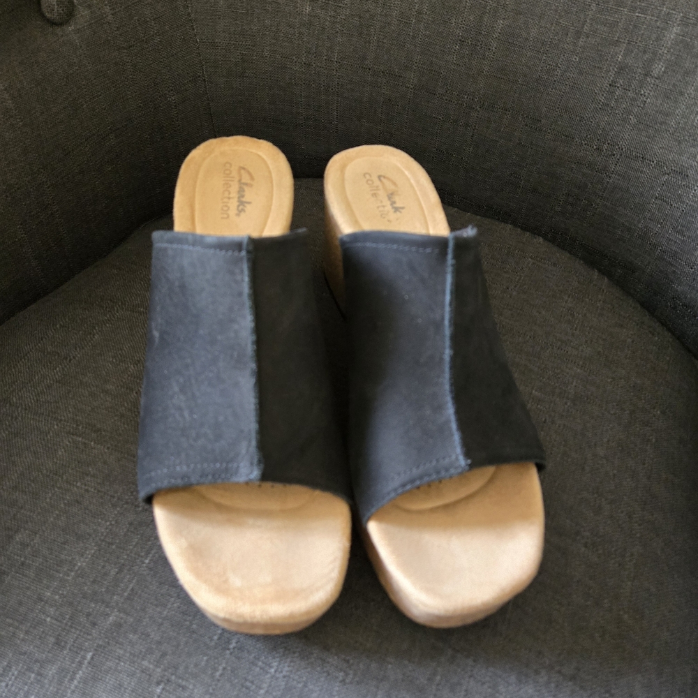 Clarks Black Suede Slide Sandals